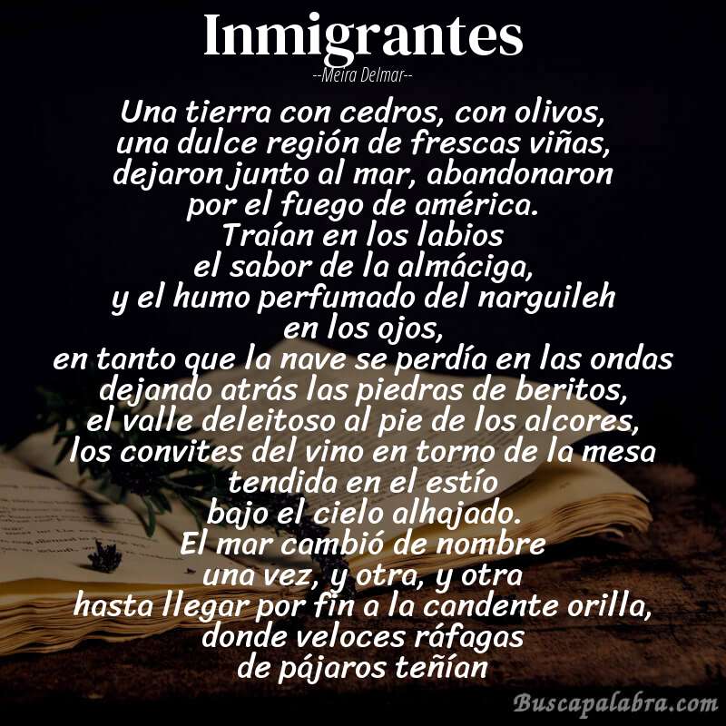 Poema inmigrantes de Meira Delmar con fondo de libro