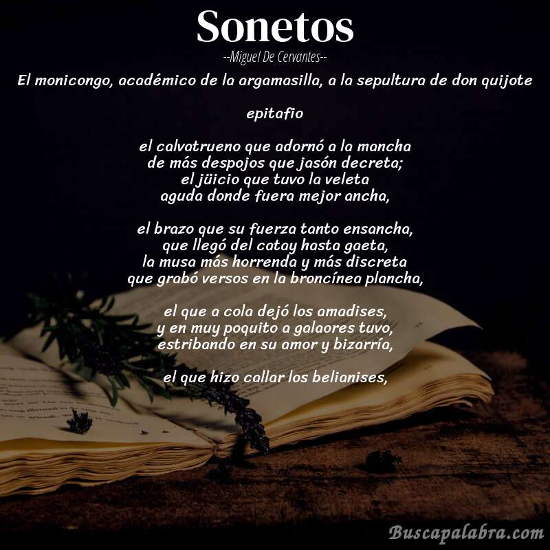 Poema sonetos de Miguel de Cervantes con fondo de libro