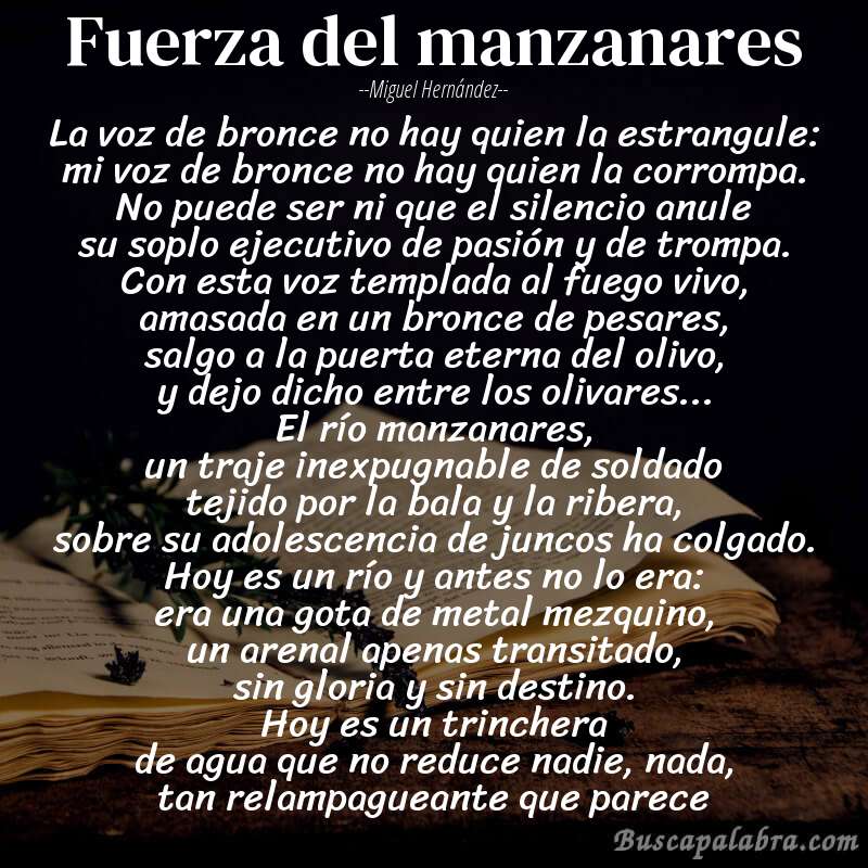 Poema fuerza del manzanares de Miguel Hernández con fondo de libro