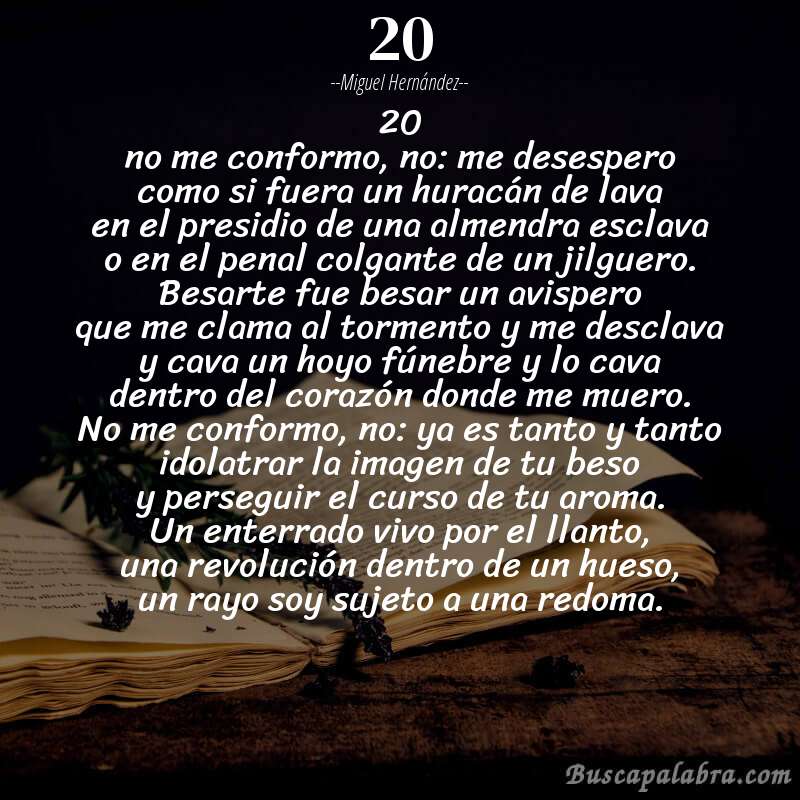 Poema 20 de Miguel Hernández con fondo de libro