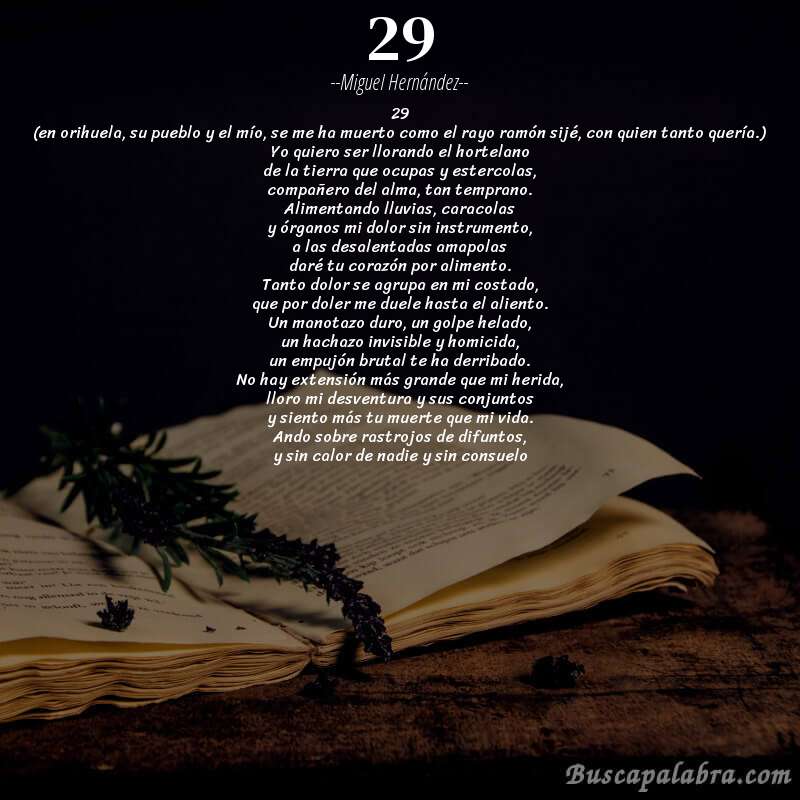 Poema 29 de Miguel Hernández con fondo de libro