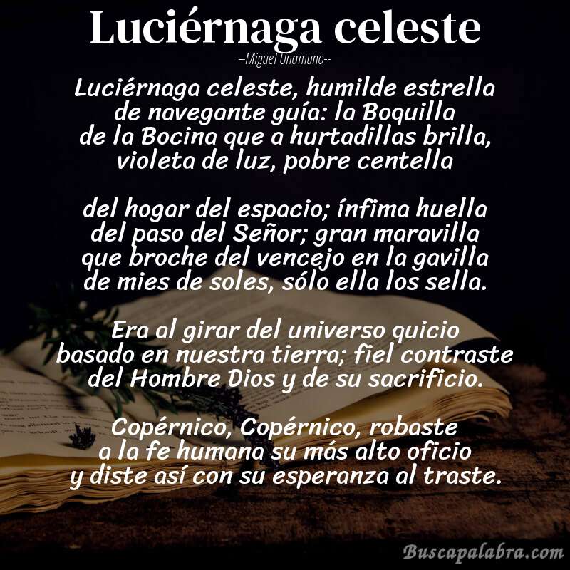 Poema Luciérnaga celeste de Miguel Unamuno con fondo de libro