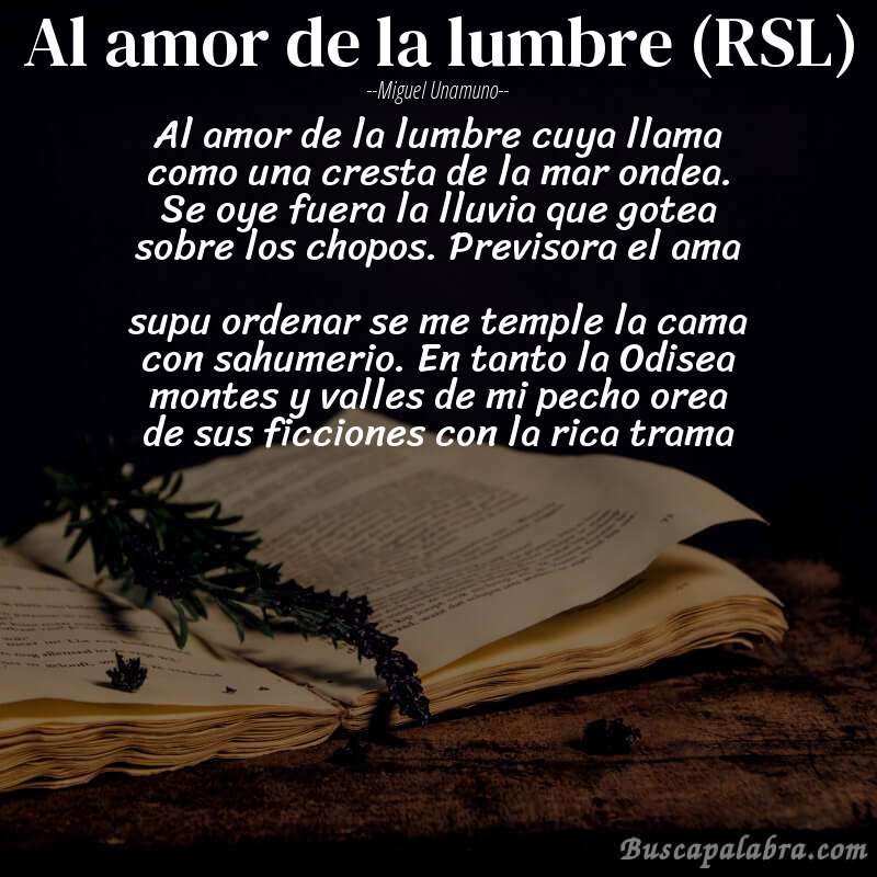 Poema Al amor de la lumbre (RSL) de Miguel Unamuno con fondo de libro
