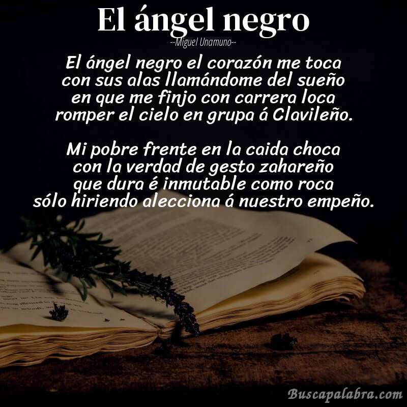 Poema El ángel negro de Miguel Unamuno con fondo de libro