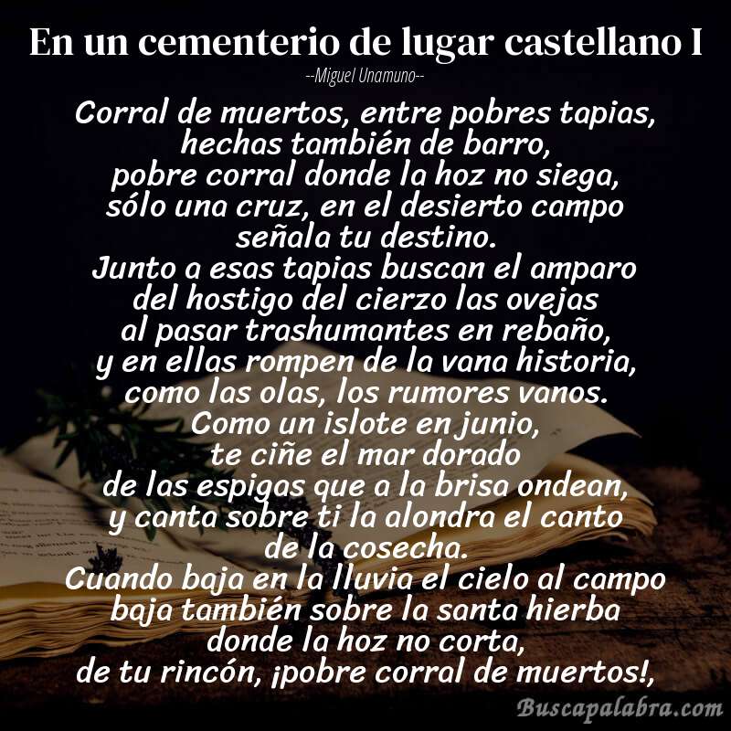 Poema En un cementerio de lugar castellano I de Miguel Unamuno con fondo de libro