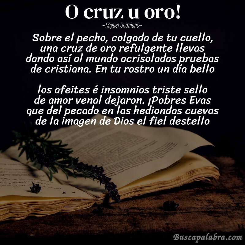 Poema O cruz u oro! de Miguel Unamuno con fondo de libro
