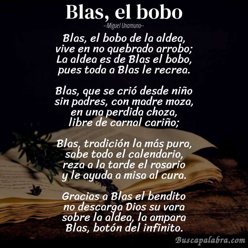 Poema Blas, el bobo de Miguel Unamuno con fondo de libro