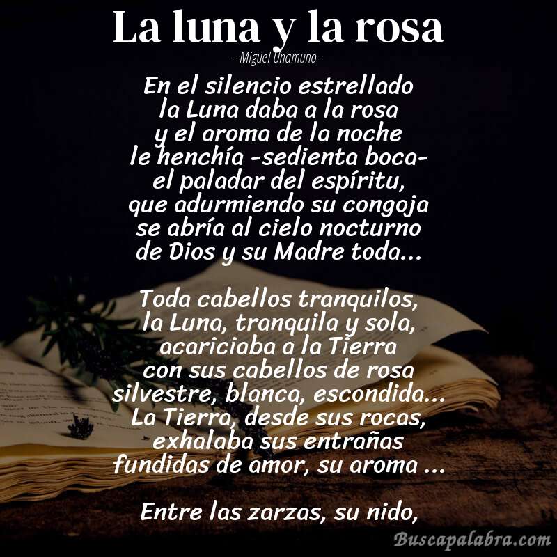 Poema La luna y la rosa de Miguel Unamuno con fondo de libro