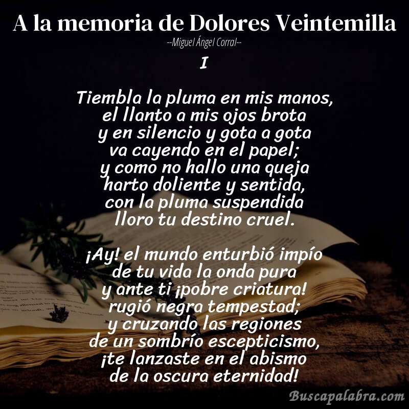 Poema A la memoria de Dolores Veintemilla de Miguel Ángel Corral con fondo de libro