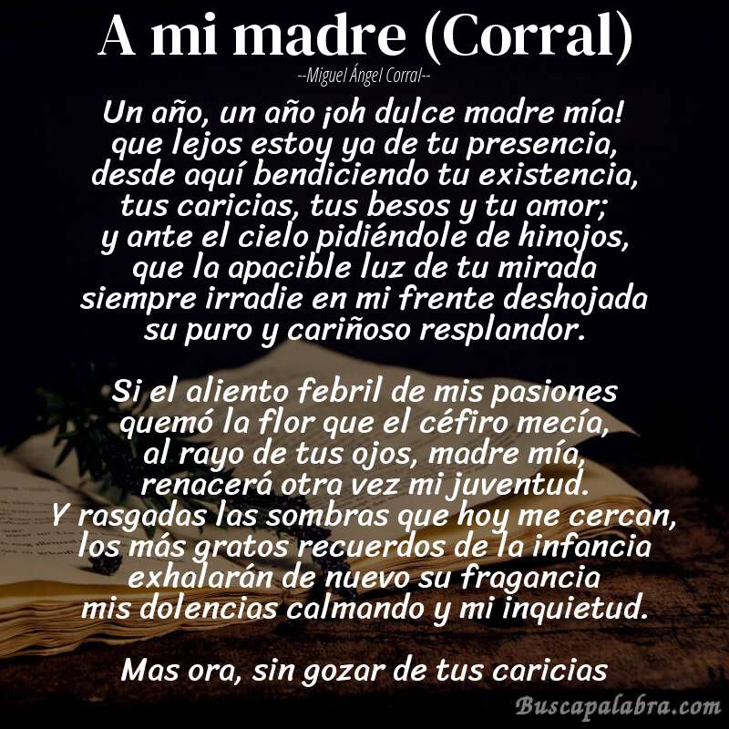 Poema A mi madre (Corral) de Miguel Ángel Corral con fondo de libro