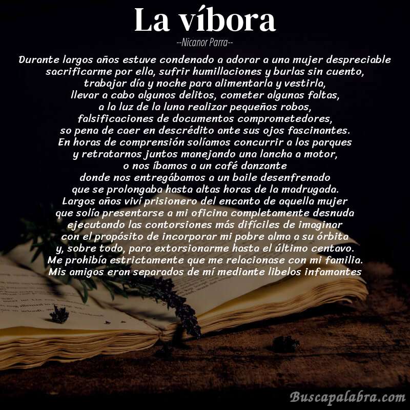 Poema la víbora de Nicanor Parra con fondo de libro