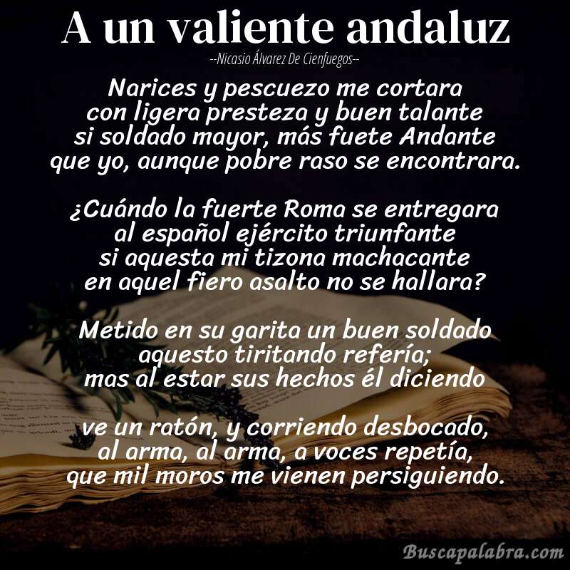 Poema A un valiente andaluz de Nicasio Álvarez de Cienfuegos con fondo de libro