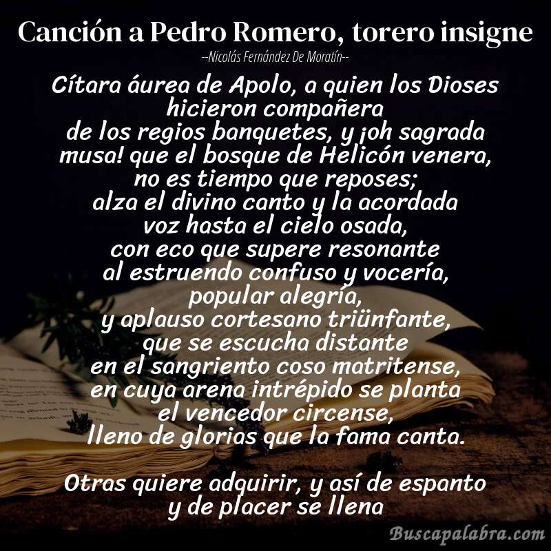 Poema Canción a Pedro Romero, torero insigne de Nicolás Fernández de Moratín con fondo de libro