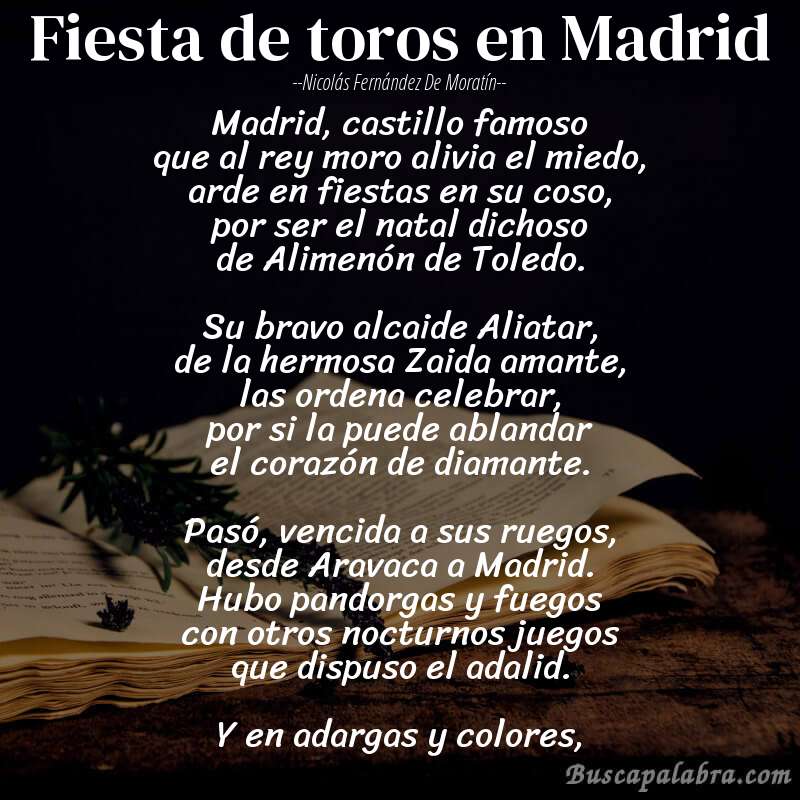Poema Fiesta de toros en Madrid de Nicolás Fernández de Moratín con fondo de libro