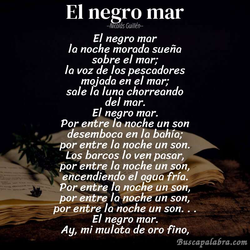 Poema el negro mar de Nicolás Guillén con fondo de libro