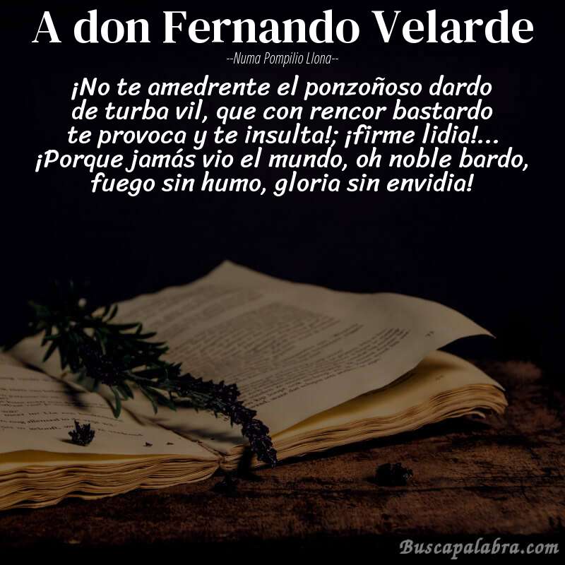 Poema A don Fernando Velarde de Numa Pompilio Llona con fondo de libro