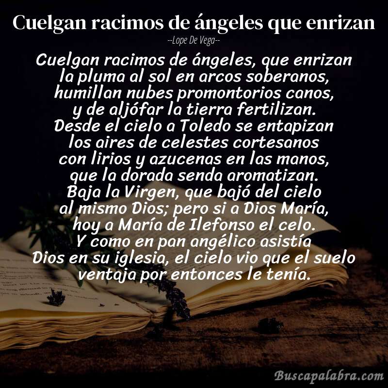 Poema Cuelgan racimos de ángeles que enrizan de Lope de Vega con fondo de libro