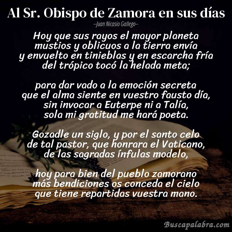 Poema Al Sr. Obispo de Zamora en sus días de Juan Nicasio Gallego con fondo de libro