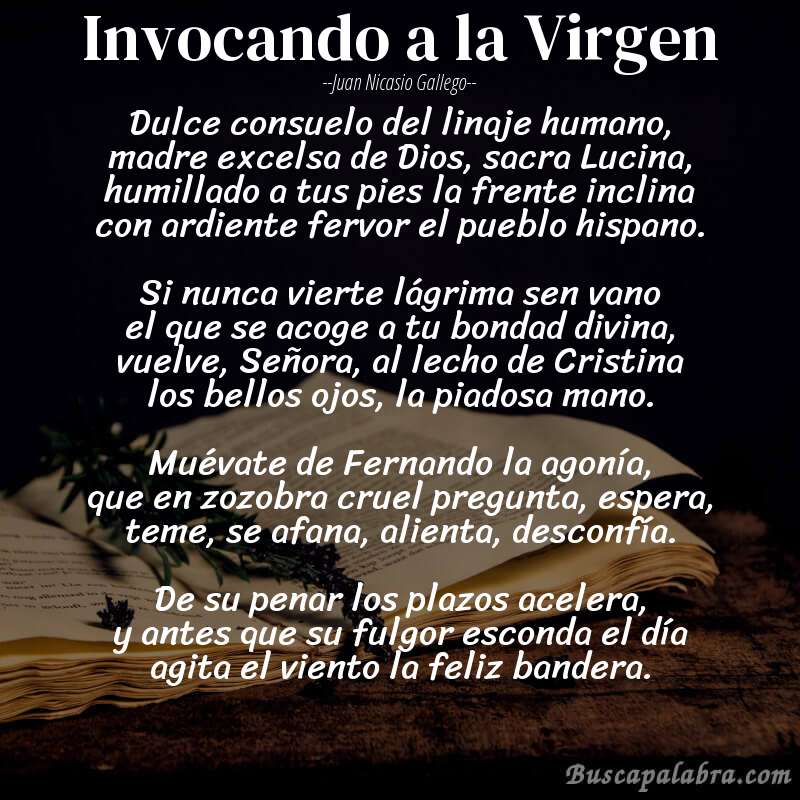Poema Invocando a la Virgen de Juan Nicasio Gallego con fondo de libro