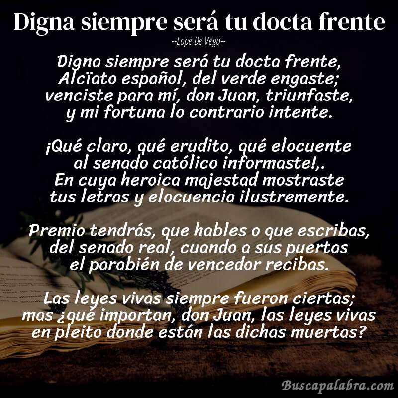 Poema Digna siempre será tu docta frente de Lope de Vega con fondo de libro