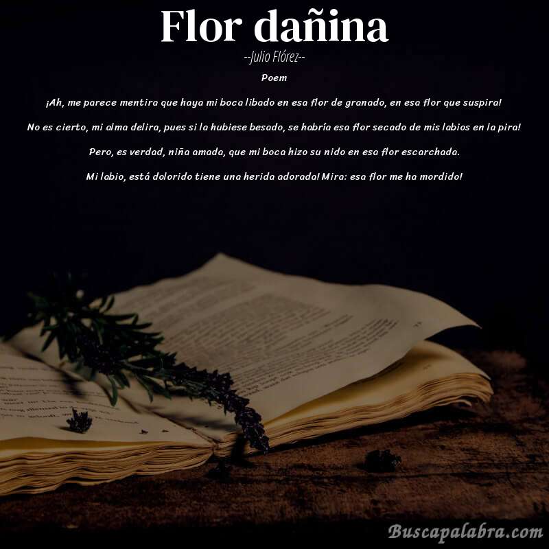 Poema Flor dañina de Julio Flórez con fondo de libro