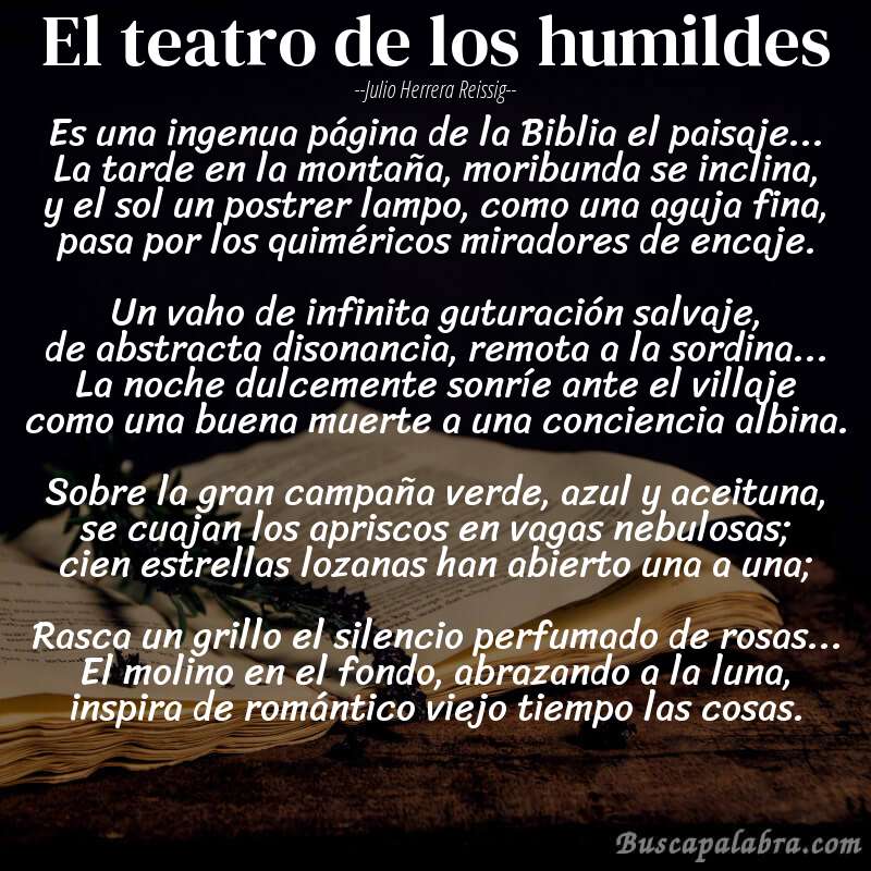 Poema El teatro de los humildes de Julio Herrera Reissig con fondo de libro