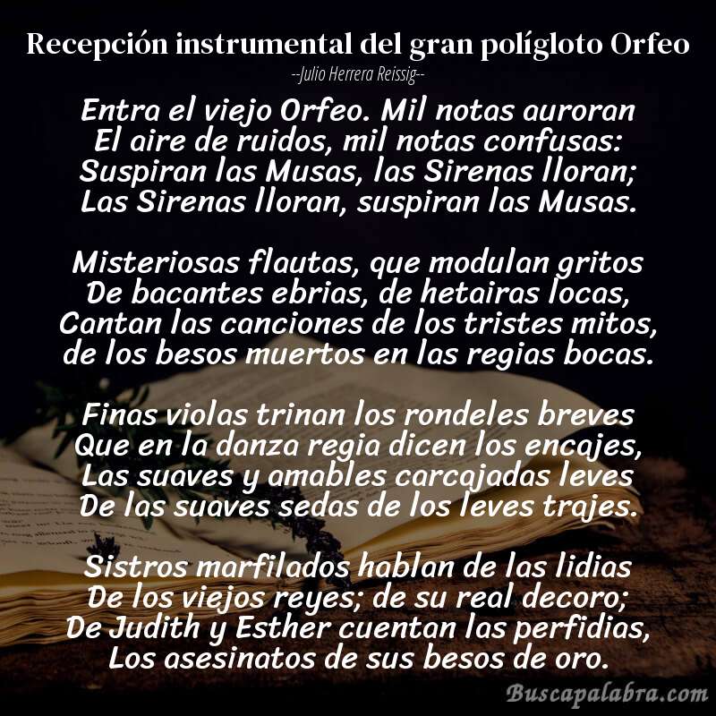 Poema Recepción instrumental del gran polígloto Orfeo de Julio Herrera Reissig con fondo de libro