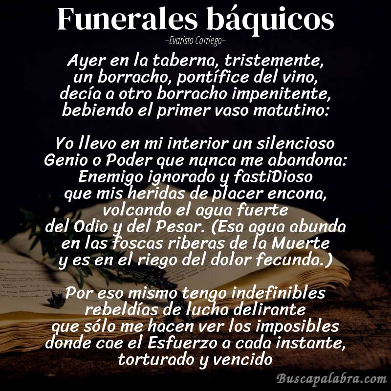 Poema Funerales báquicos de Evaristo Carriego con fondo de libro