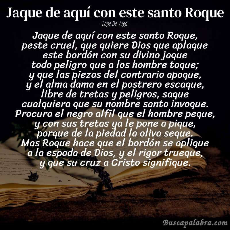 Poema Jaque de aquí con este santo Roque de Lope de Vega con fondo de libro