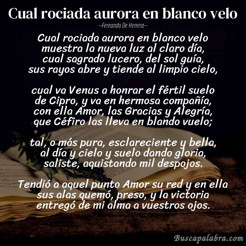 Poema Cual rociada aurora en blanco velo de Fernando de Herrera con fondo de libro