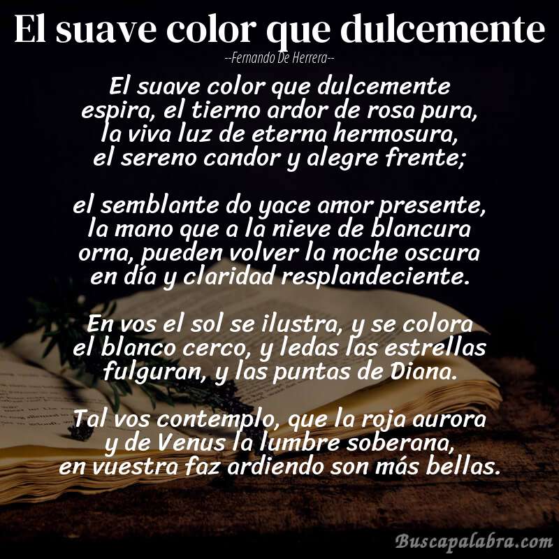 Poema El suave color que dulcemente de Fernando de Herrera con fondo de libro