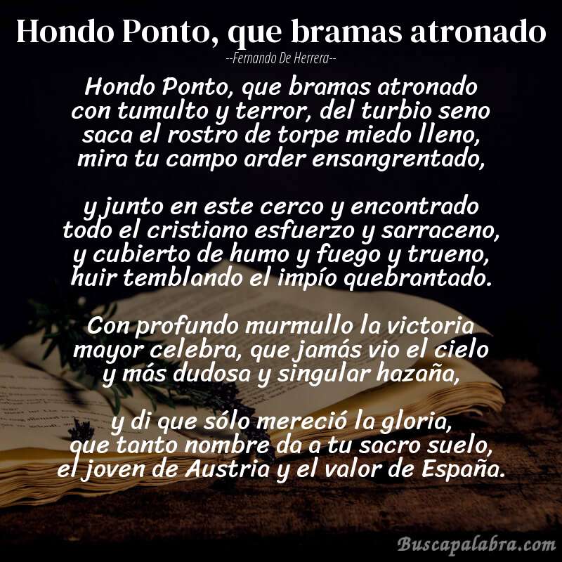 Poema Hondo Ponto, que bramas atronado de Fernando de Herrera con fondo de libro