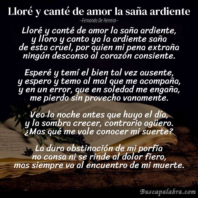 Poema Lloré y canté de amor la saña ardiente de Fernando de Herrera con fondo de libro