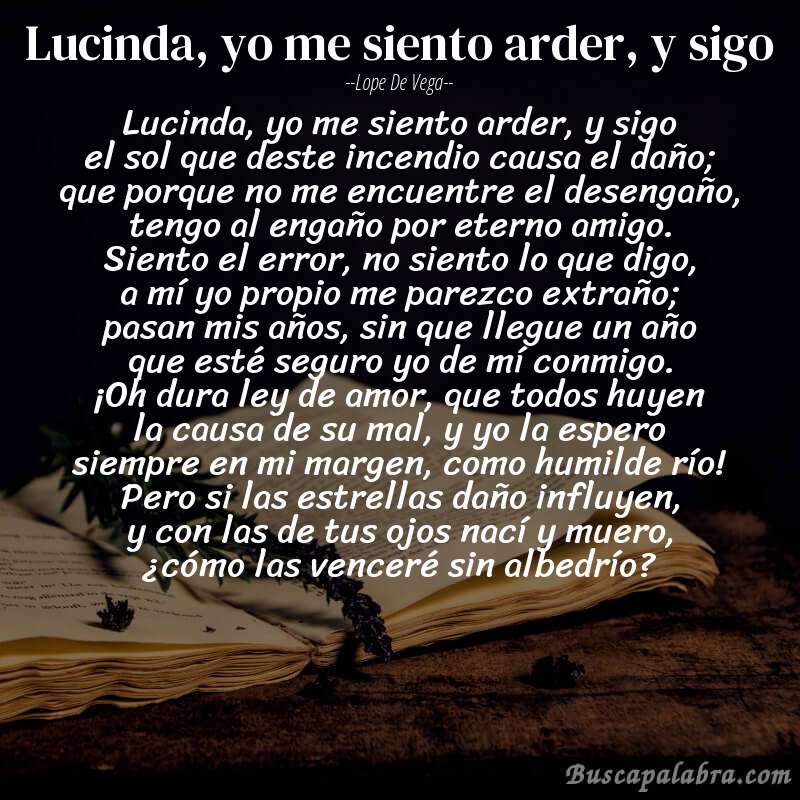 Poema Lucinda, yo me siento arder, y sigo de Lope de Vega con fondo de libro
