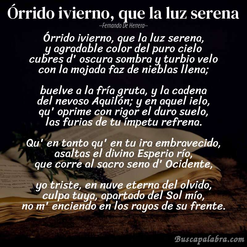 Poema Órrido ivierno, que la luz serena de Fernando de Herrera con fondo de libro