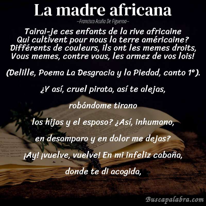 Poema La madre africana de Francisco Acuña de Figueroa con fondo de libro