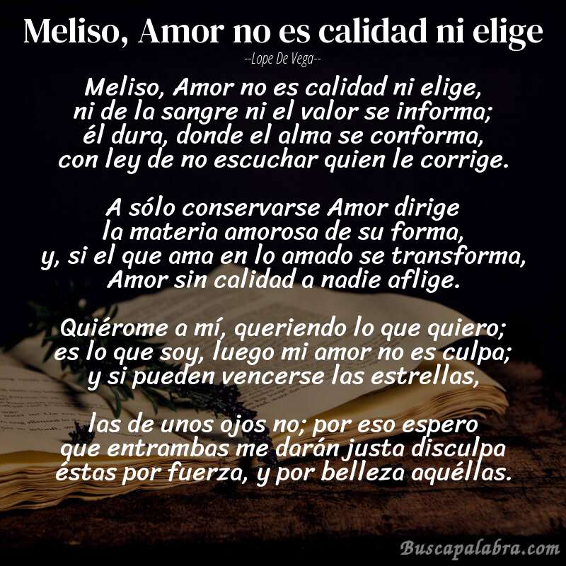 Poema Meliso, Amor no es calidad ni elige de Lope de Vega con fondo de libro