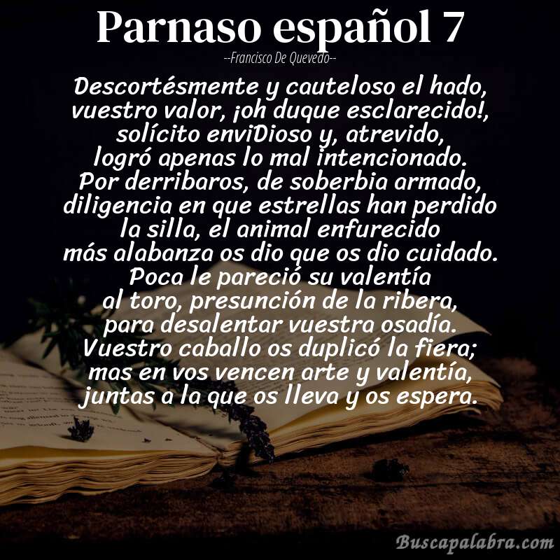 Poema parnaso español 7 de Francisco de Quevedo con fondo de libro