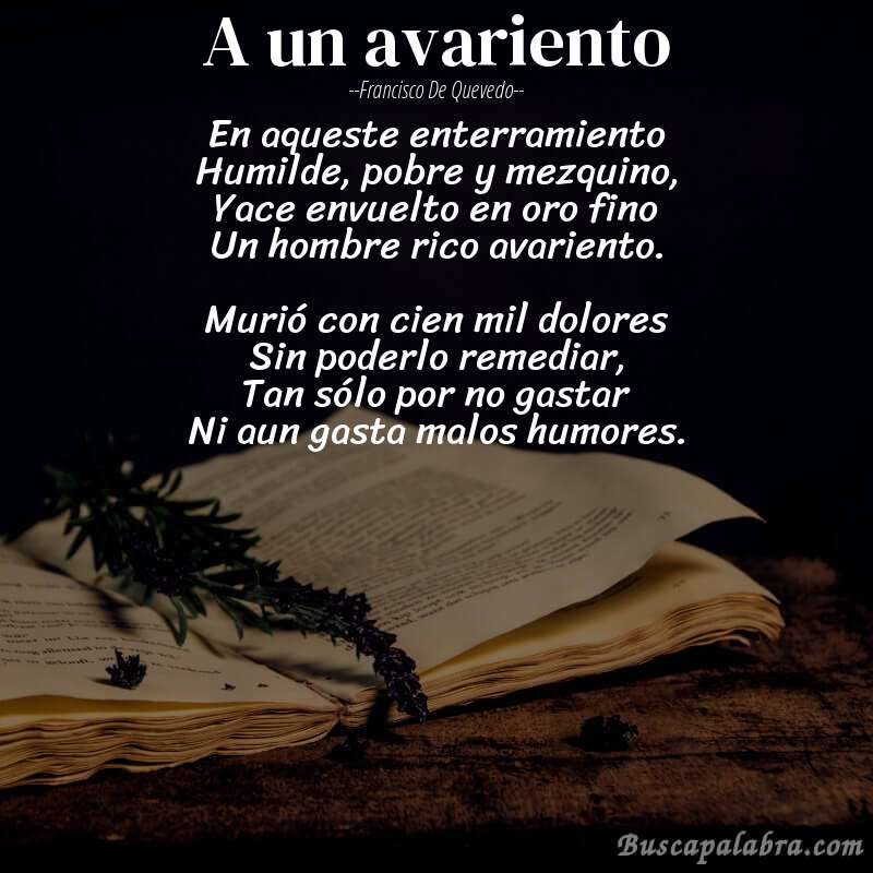 Poema A un avariento de Francisco de Quevedo con fondo de libro