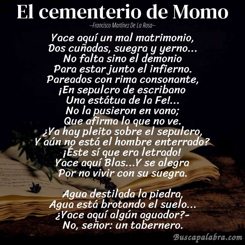 Poema El cementerio de Momo de Francisco Martínez de la Rosa con fondo de libro