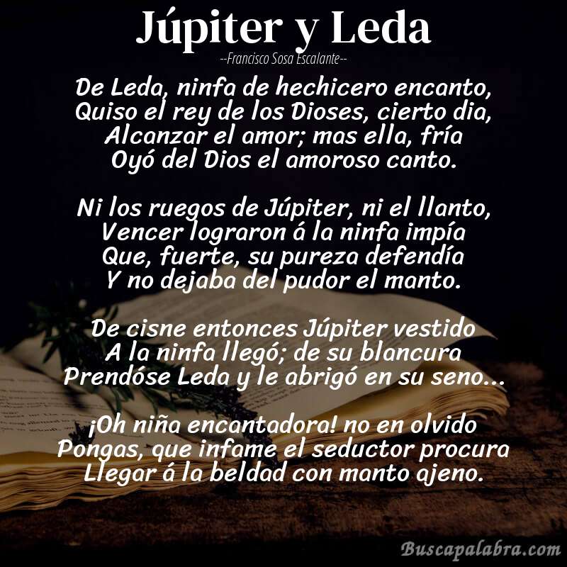Poema Júpiter y Leda de Francisco Sosa Escalante con fondo de libro