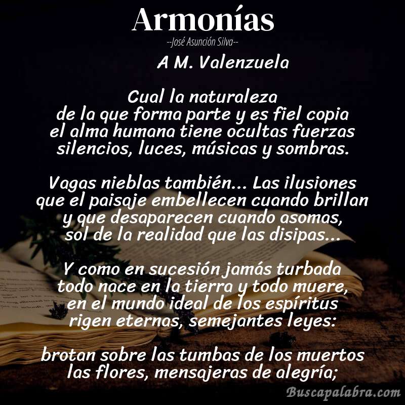 Poema Armonías de José Asunción Silva con fondo de libro