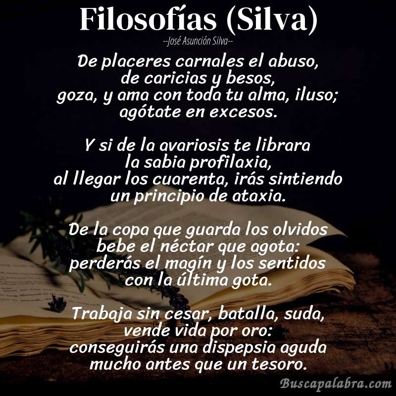 Poema Filosofías (Silva) de José Asunción Silva con fondo de libro