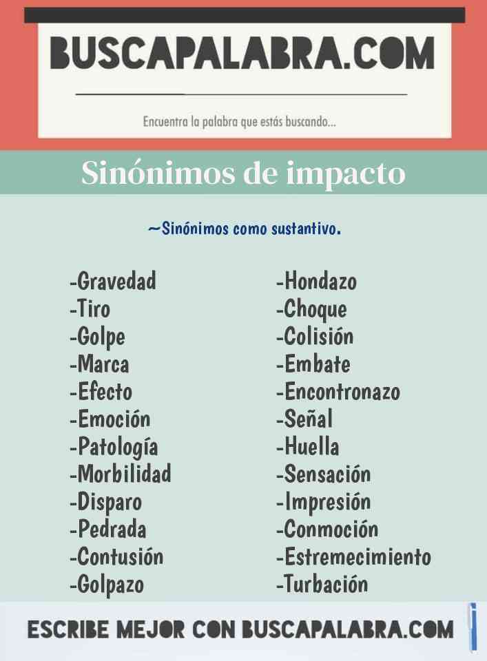 Sinónimos y Antónimos de Impacto - 25 Sinónimos y 1 Antónimos para Impacto